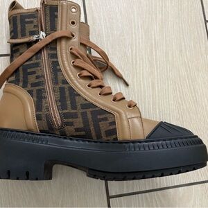 Fendi FF Canvas & Leather Combat Boots – Women’s Size 5 & 7 – Brand New With Box